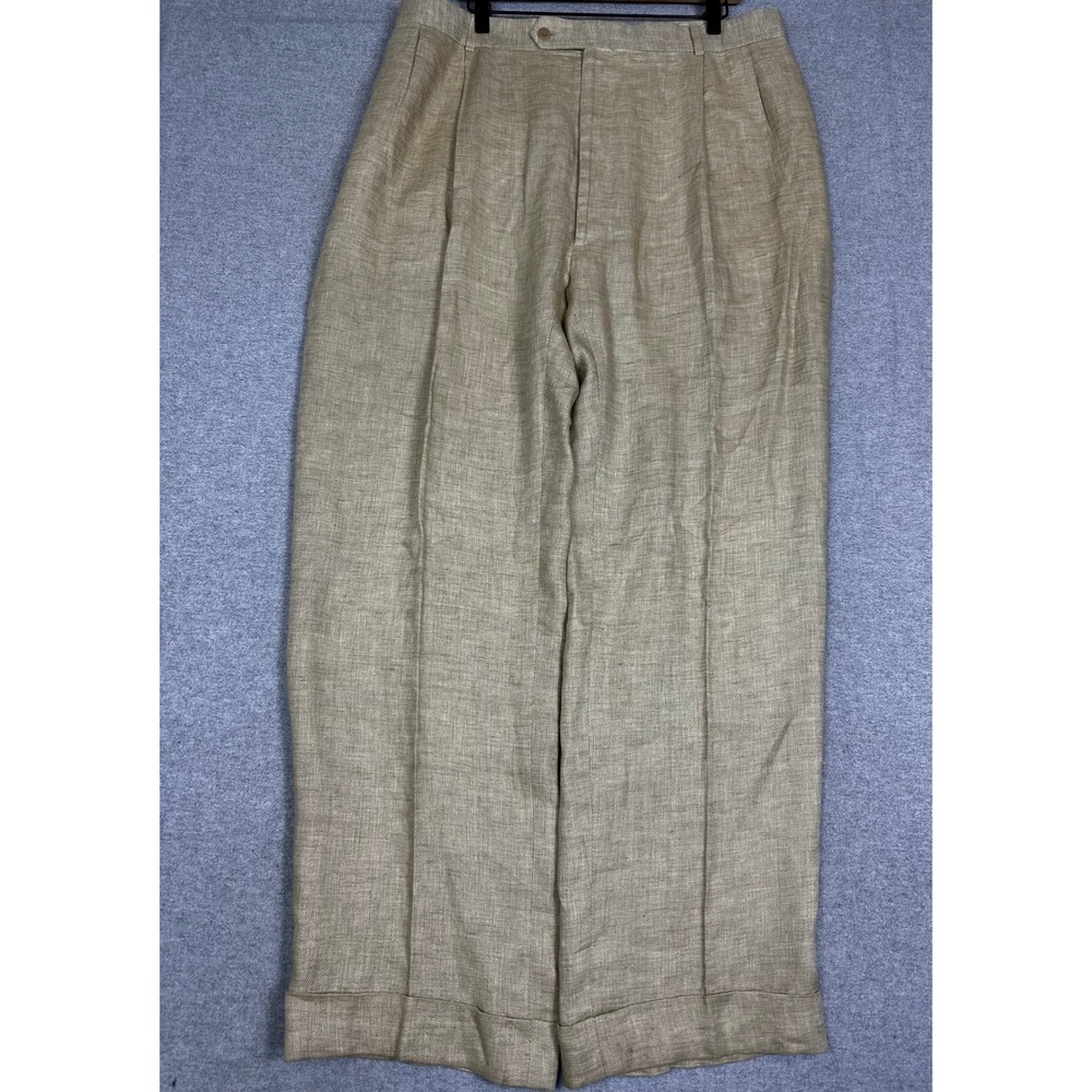 Paul Fredrick 100% Linen Trousers Mens 44R Tan Pleated Cuffed Herringbone